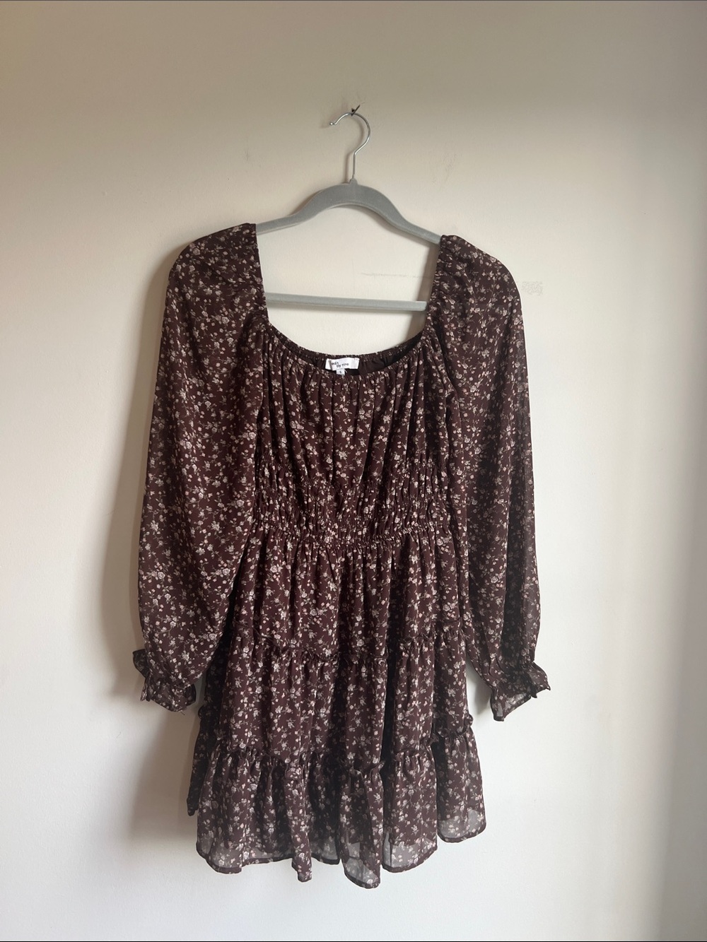 Edit By Nine Brown Floral Smocked Long Sleeve Boho Mini Dress Small